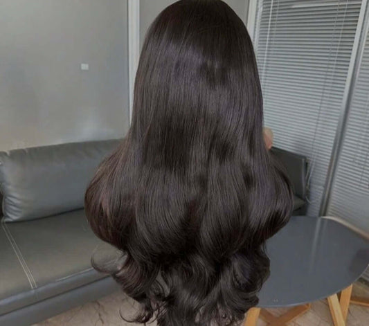 Natural Black Curtain Bangs Human blend Lace Front Wig