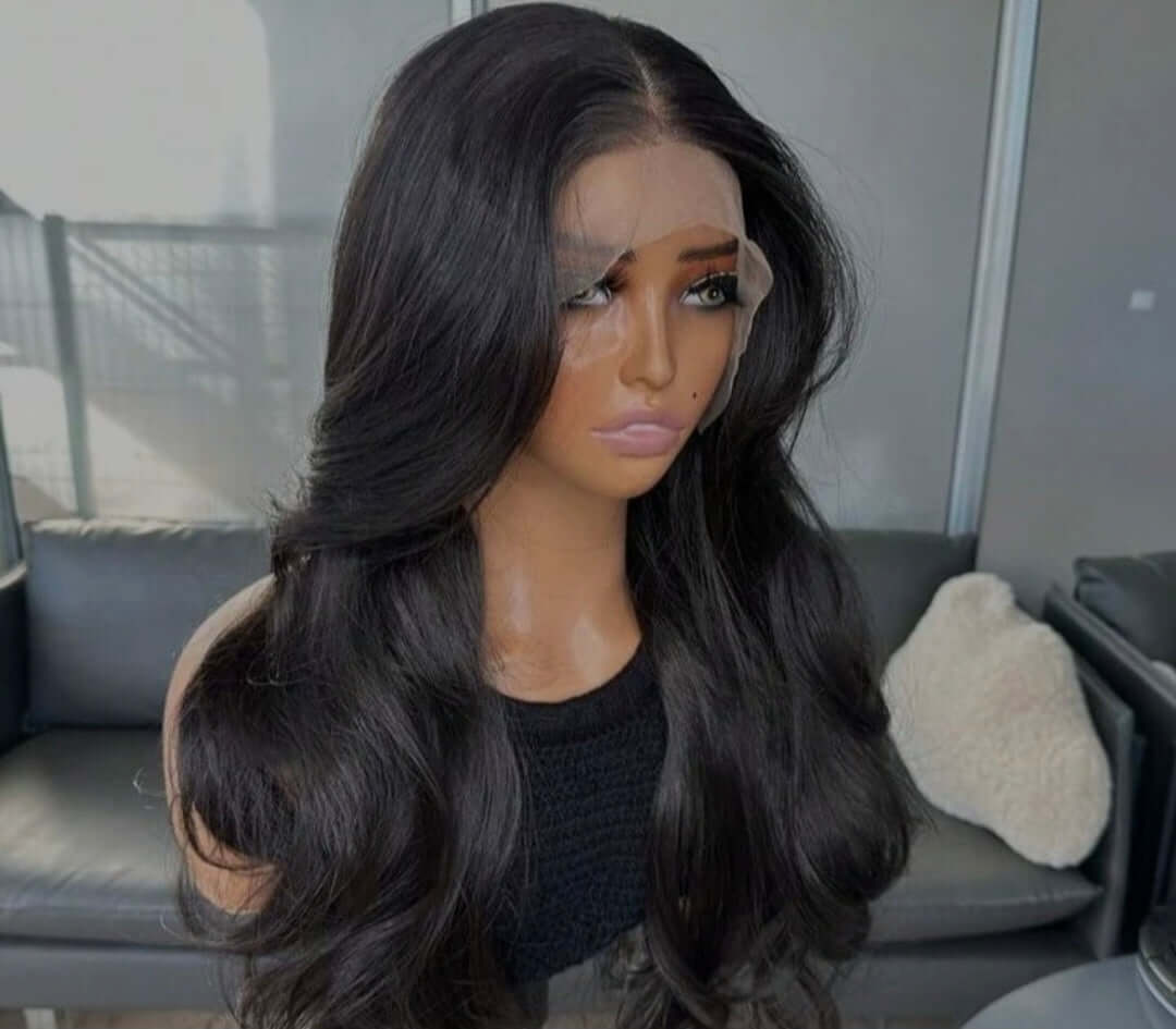 Natural Black Curtain Bangs Human blend Lace Front Wig